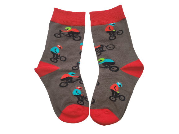Grey kids socks with BMX bike riders – size extra small laid flat
