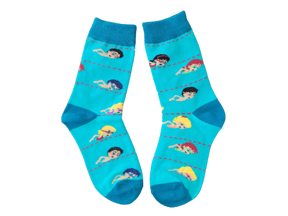Blue kids socks with swimmer design – size small laid flat