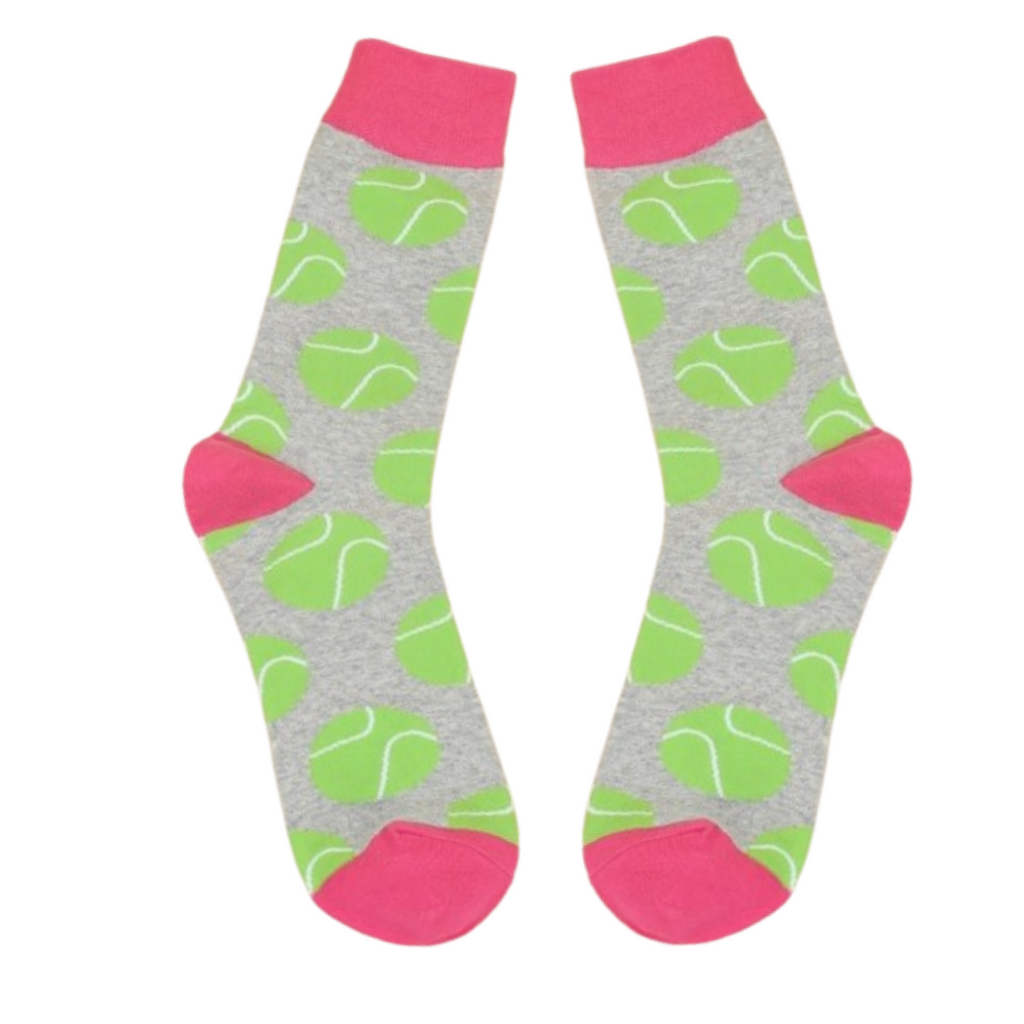 Grey crew socks with green tennis balls and pink trim – unisex large laid flat.