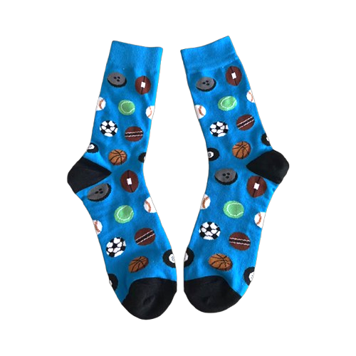 Blue sports socks with assorted balls – unisex size large