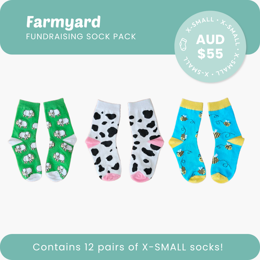 Farmyard sock fundraising pack for kids – 12 pairs in XS with sheep, bee and cow prints