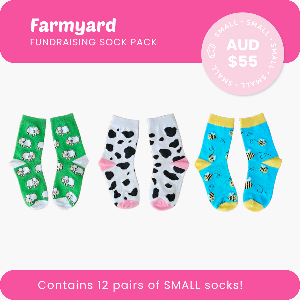 Farmyard Sock Pack with bees, sheep and cow designs for fundraising – 12 pairs for kids