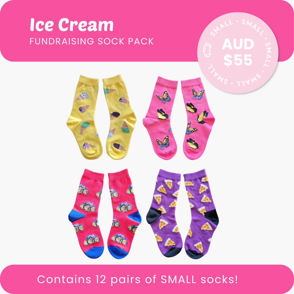 Ice Cream Fundraising Sock Pack with four sweet designs for kids – 12 pairs total