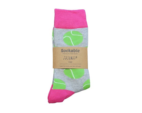 Tennis themed novelty socks labelled for gifting or fundraising